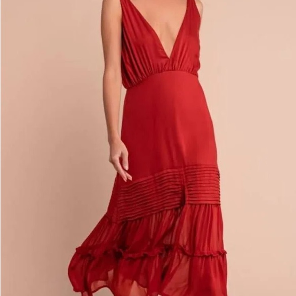 Aura the Label - Red Boho Deep V-Neck Midi Dress